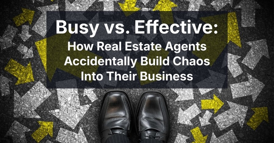 Person standing on concrete surface covered with arrows pointing in multiple directions, representing a busy and chaotic work environment in real estate