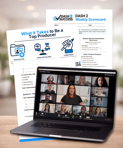 Dash 2 Success weekly scorecard and live group coaching call showing structured real estate coaching focused on execution and accountability